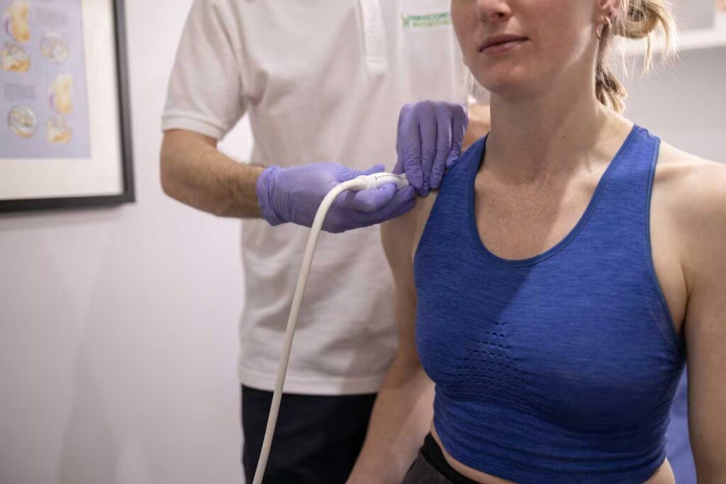Ultrasound scan prior to ultrasound guided shoulder injections.